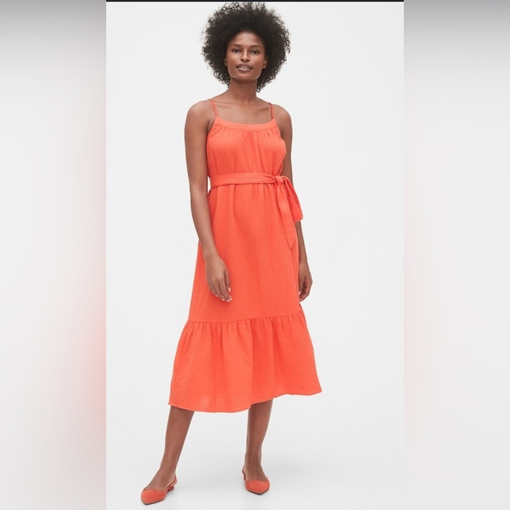 New Gap gauze coral Melon bright orange maxi dress western summer L wedding NWT